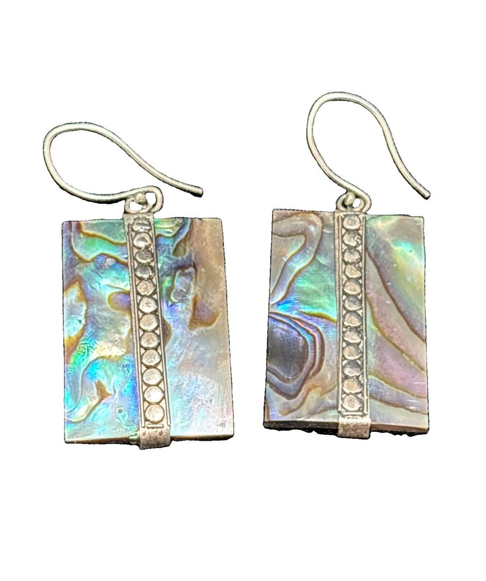 Vintage Sterling & Abalone Drop Dangle Earrings Abalone Shell Artisan Earrings